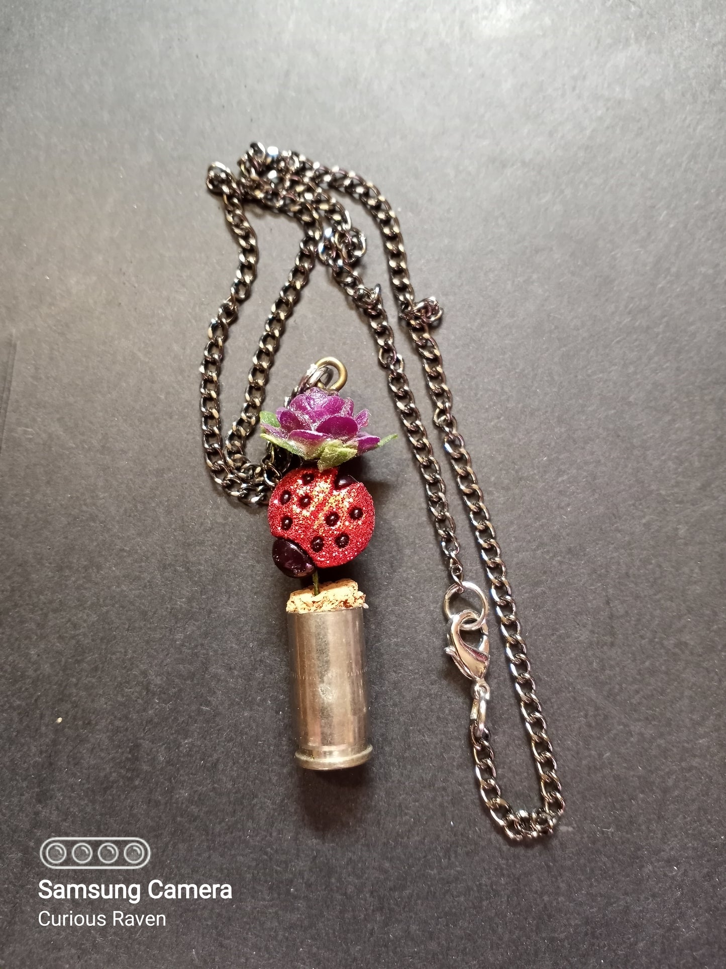 Purple Rose and Ladybug Shell Casing Necklace