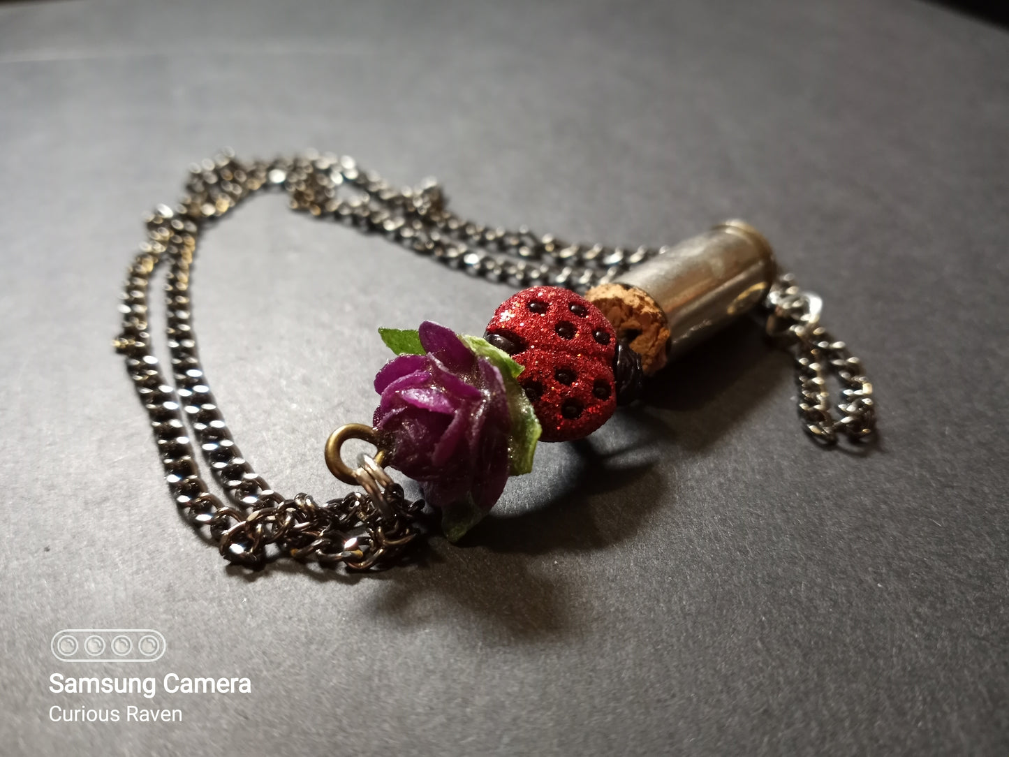 Purple Rose and Ladybug Shell Casing Necklace