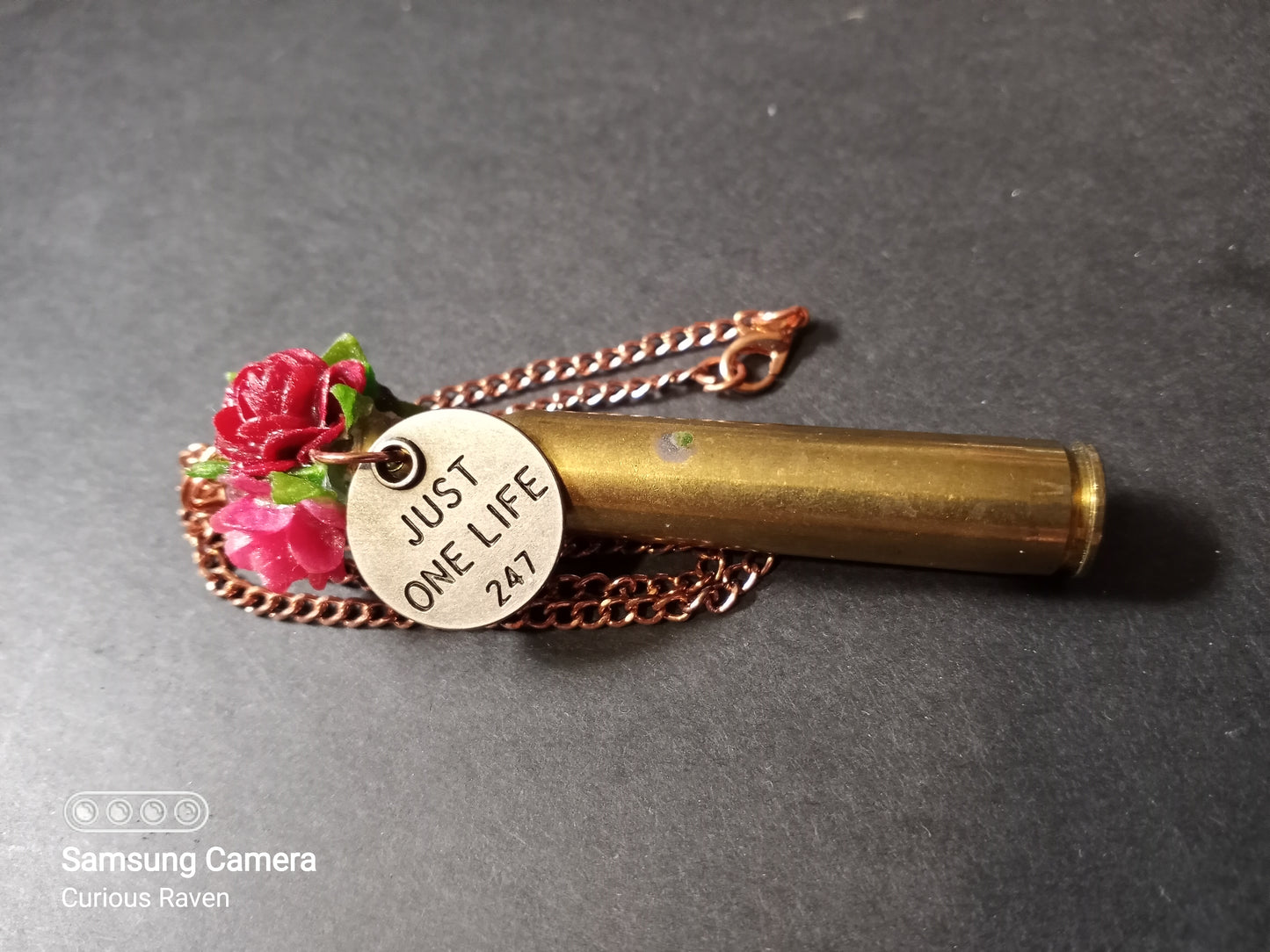 Just One Life Charm and Roses Shell Casing Necklace