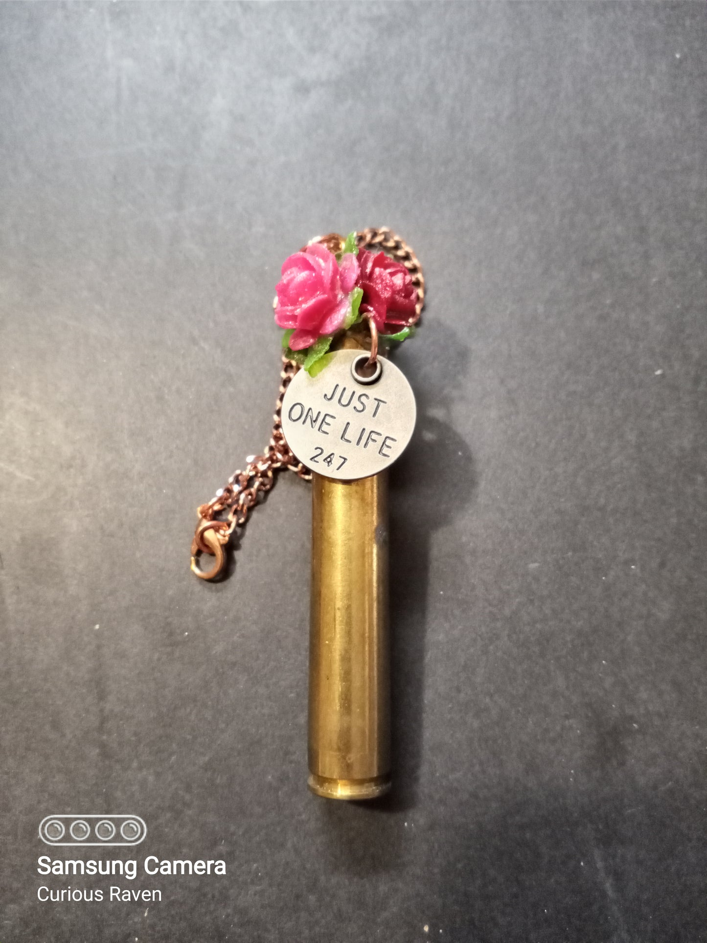 Just One Life Charm and Roses Shell Casing Necklace