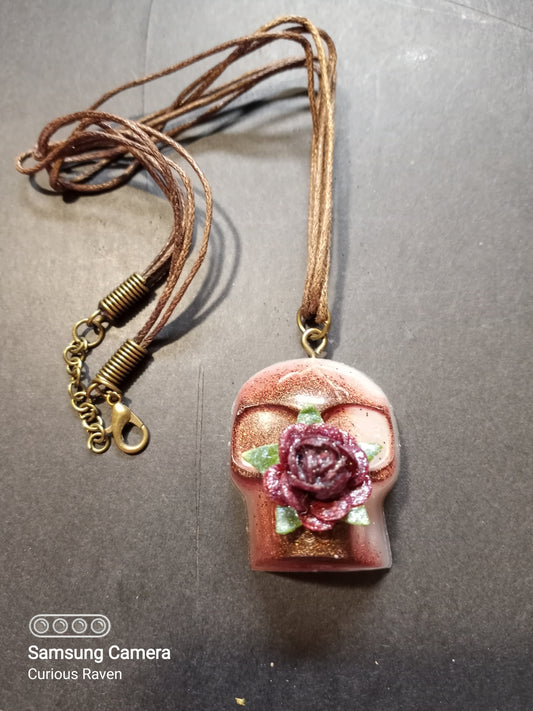 Copper & White Skull with Rose Charm Necklace