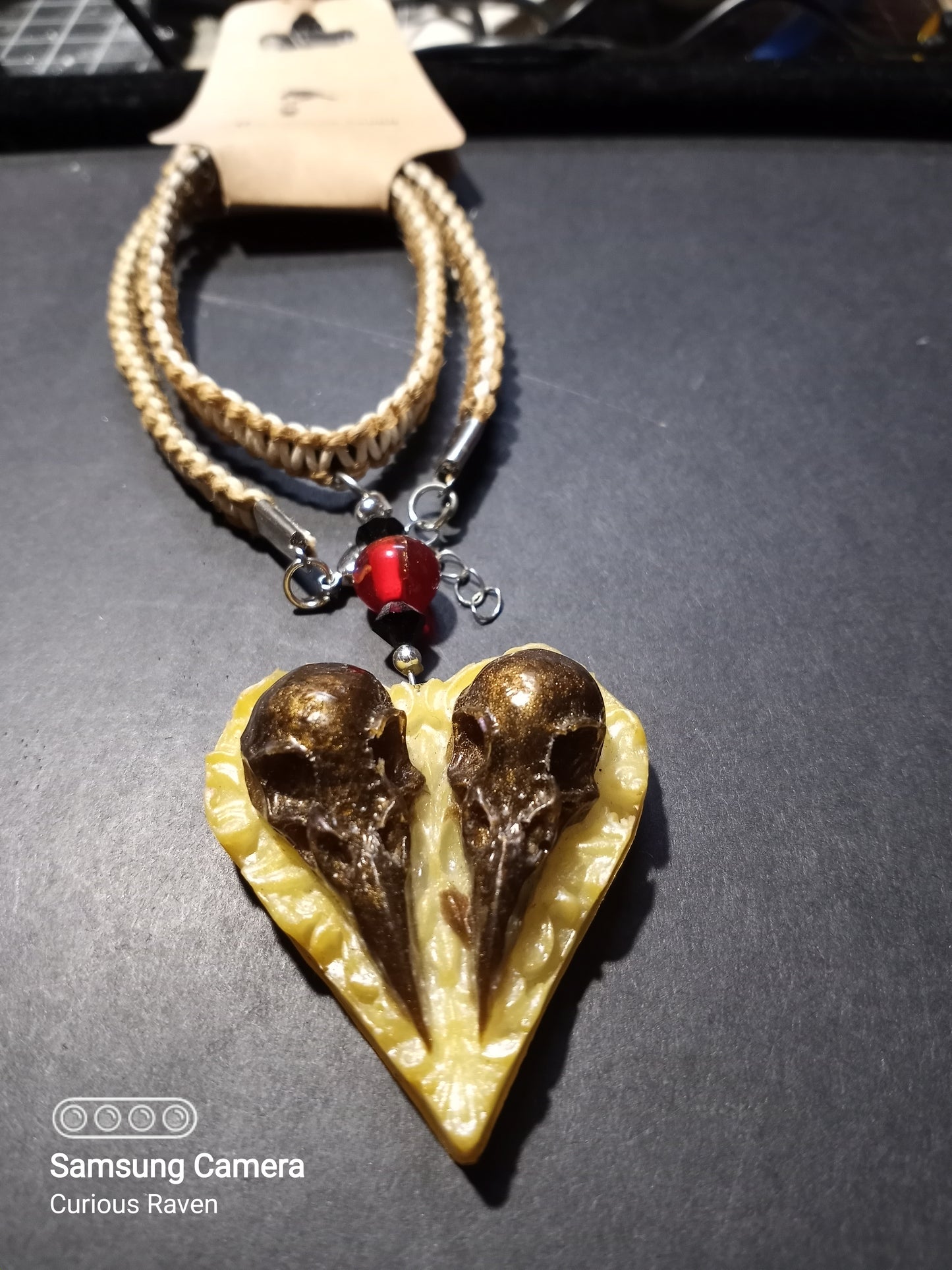 Antique White & Bronze Raven Skull Heart Cameo Necklace