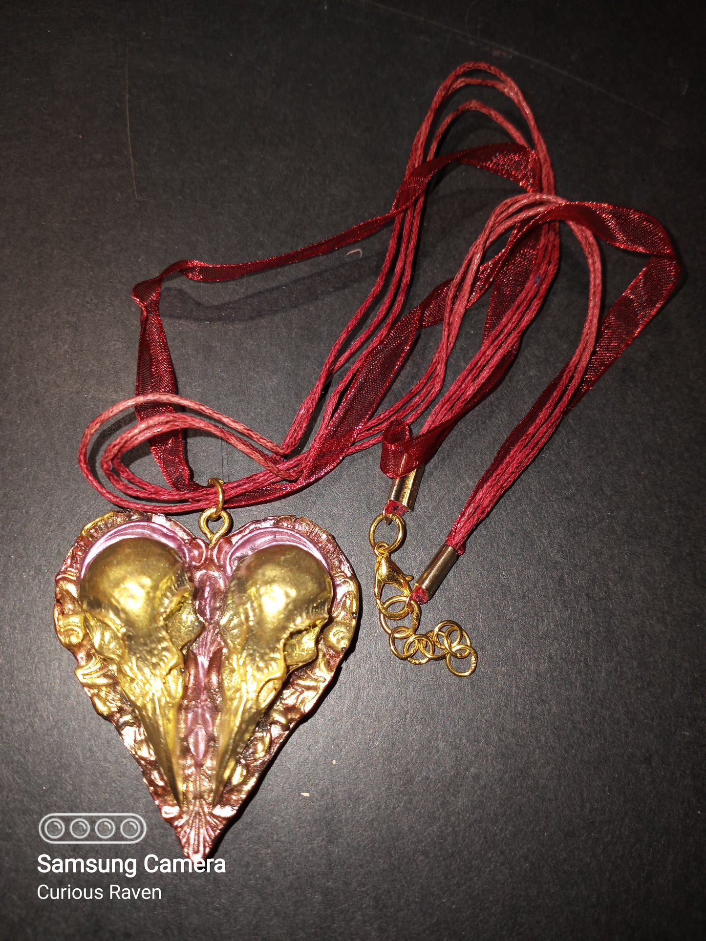 Gold & Rose Raven Skull Heart Cameo Necklace