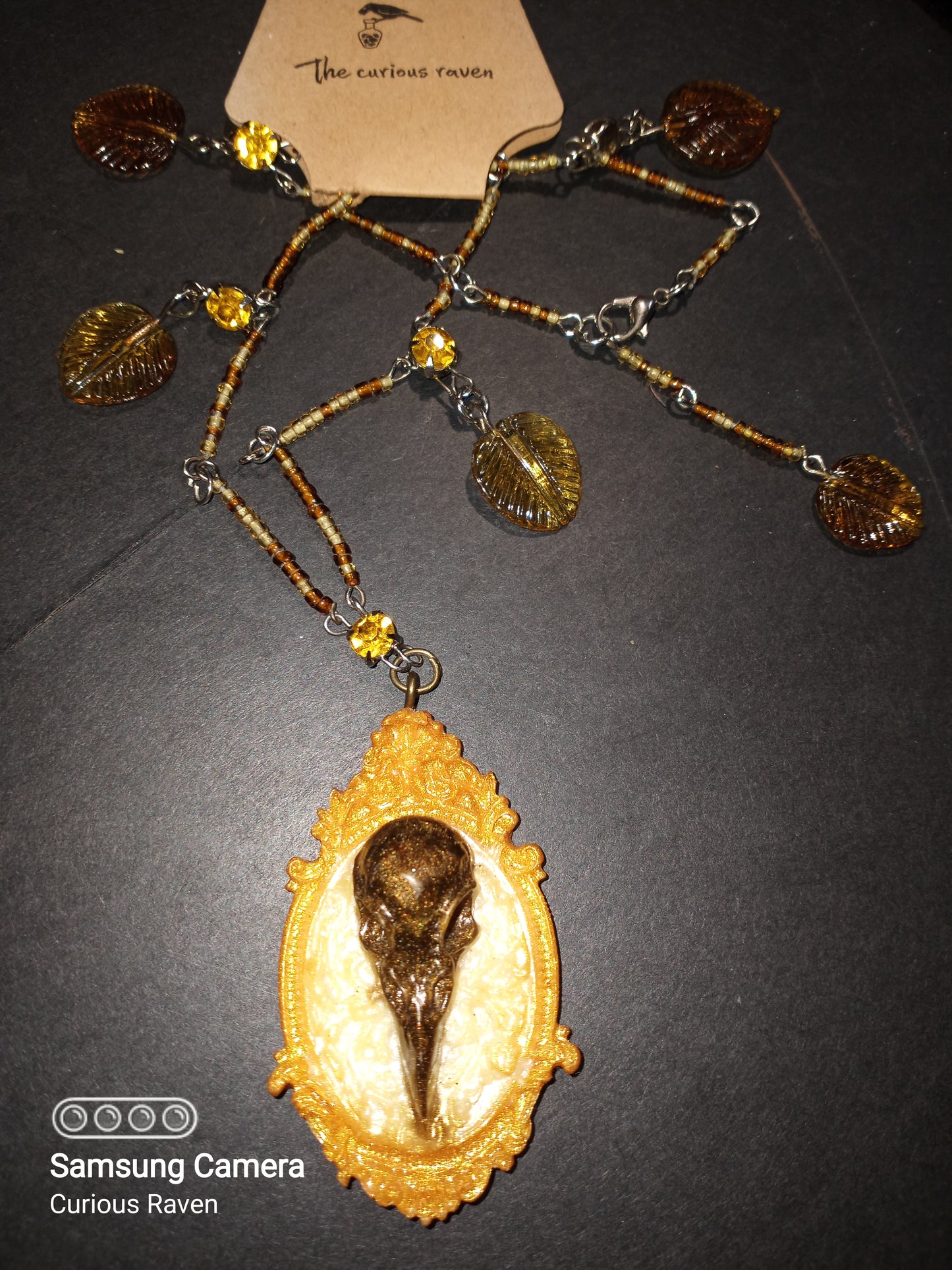 Mocha & Gold Raven Skull Cameo Necklace