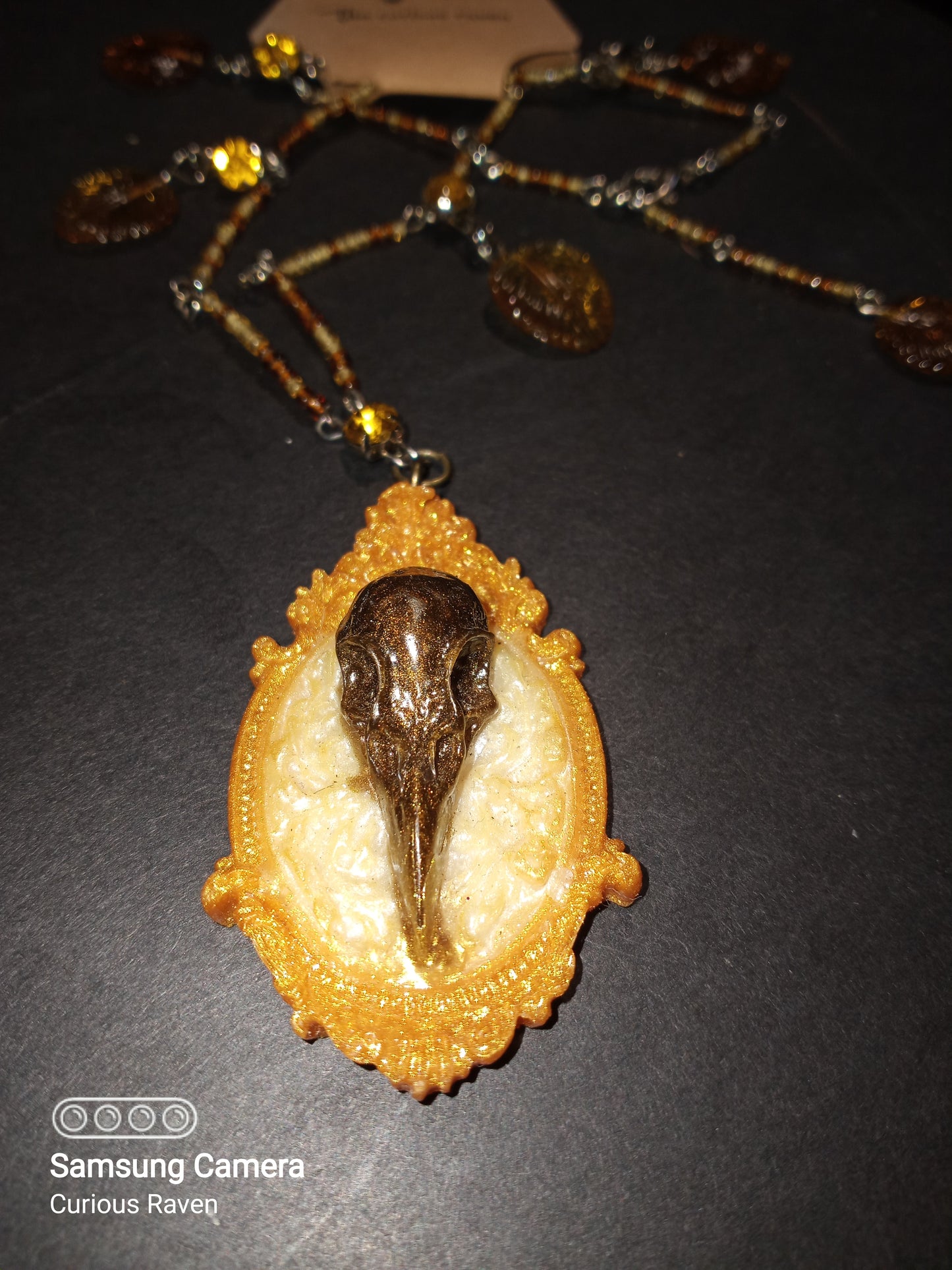 Mocha & Gold Raven Skull Cameo Necklace