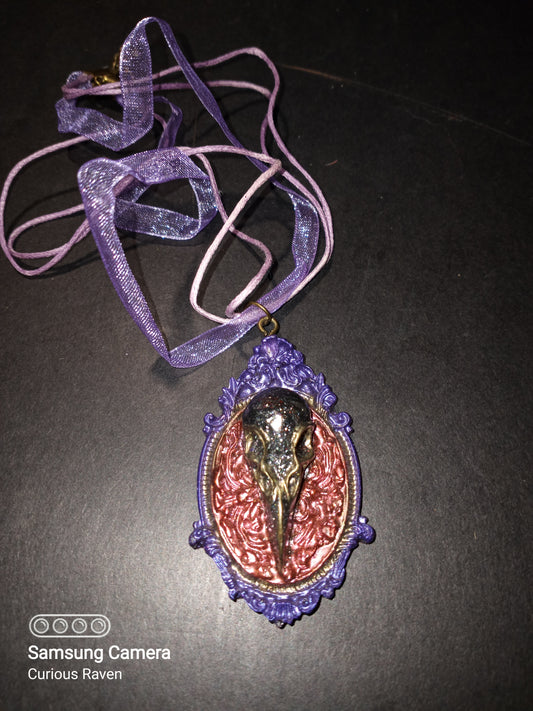 Galaxy & Royal Purple Raven Skull Cameo Necklace