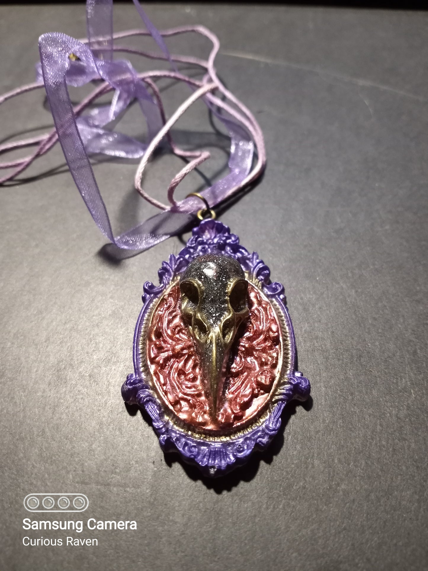 Galaxy & Royal Purple Raven Skull Cameo Necklace