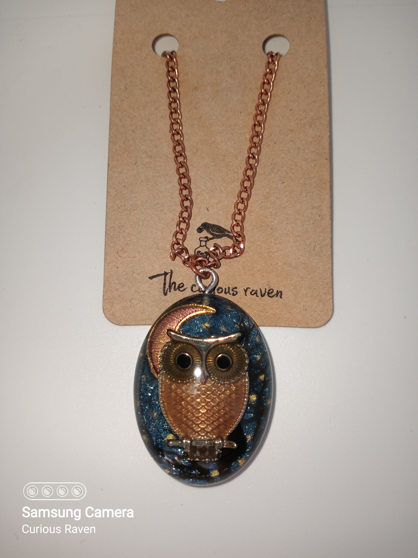 Midnight owl resin pendent necklace