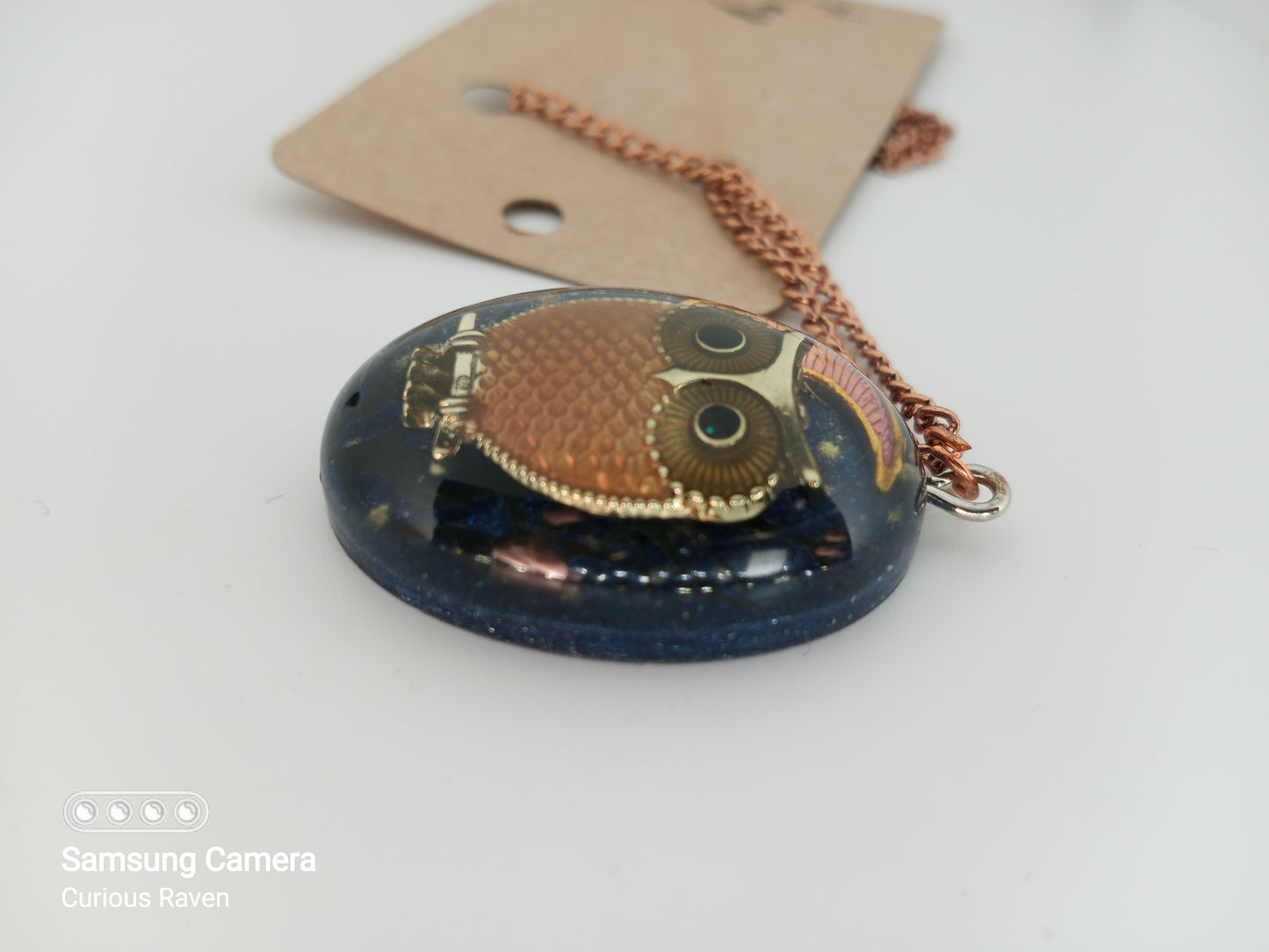 Midnight owl resin pendent necklace