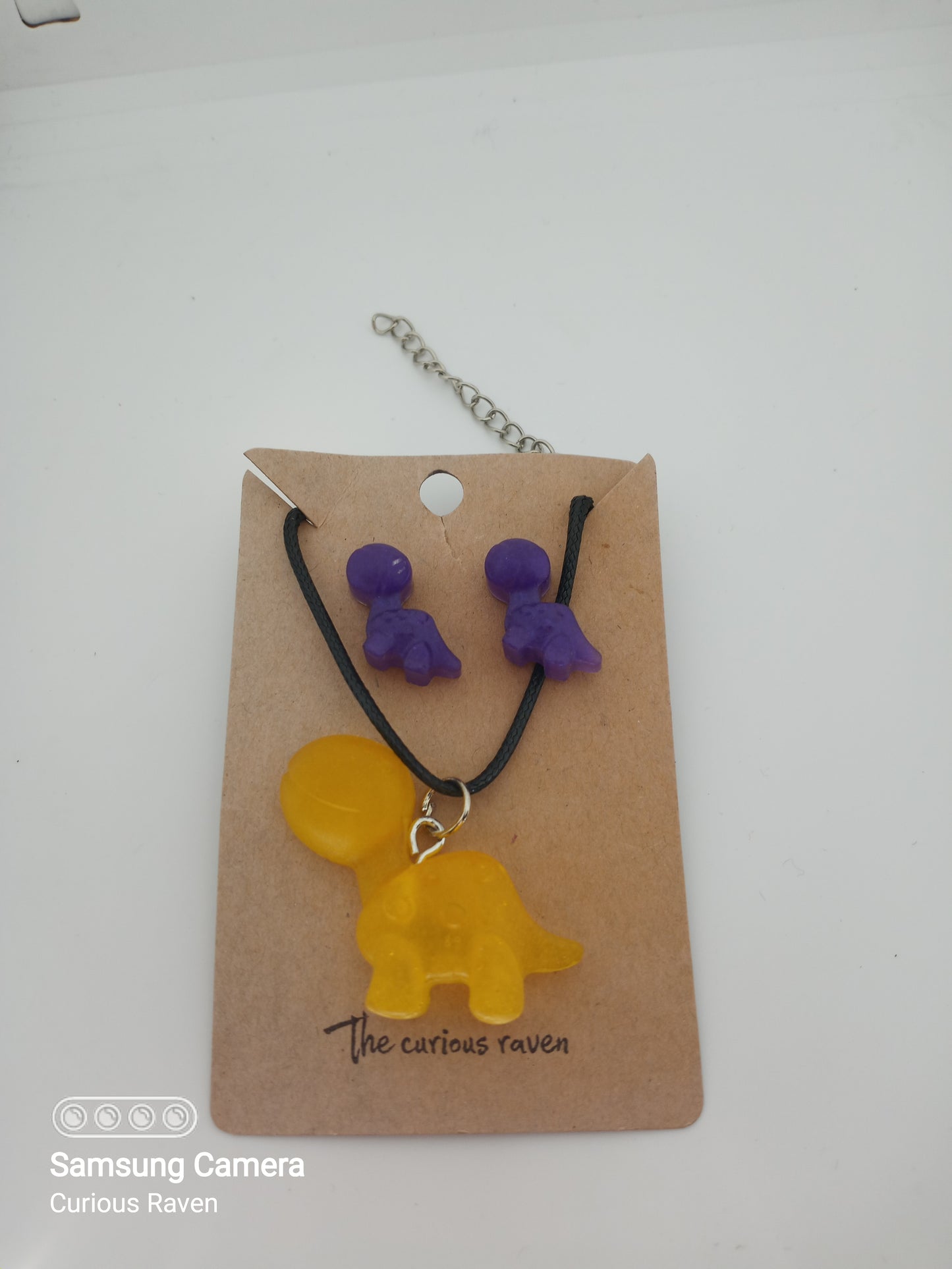 Purple and Yellow Gummy Dinos Necklace and Earring Set