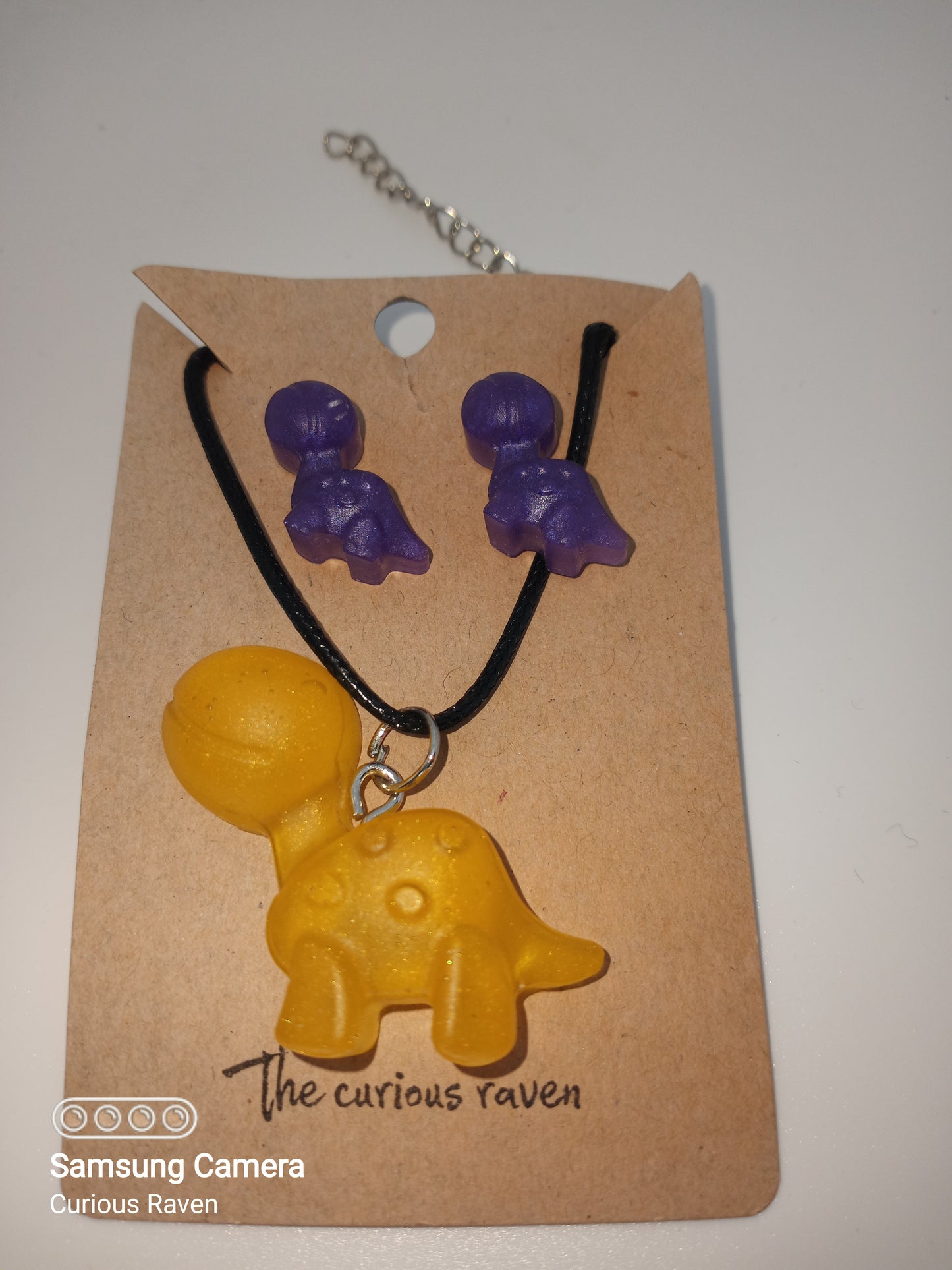 Purple and Yellow Gummy Dinos Necklace and Earring Set