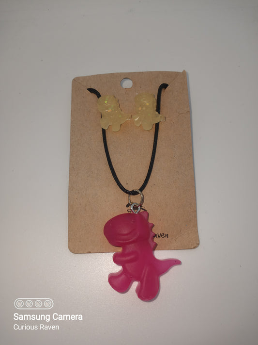 Yellow and Pink Gummy Dinos Necklace and Earring Set