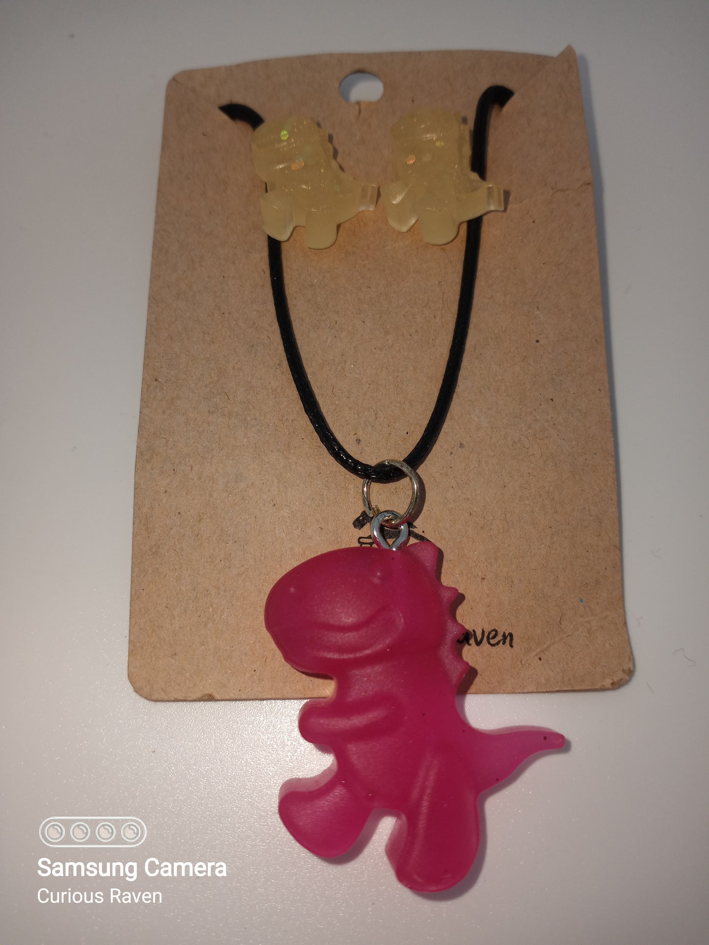 Yellow and Pink Gummy Dinos Necklace and Earring Set