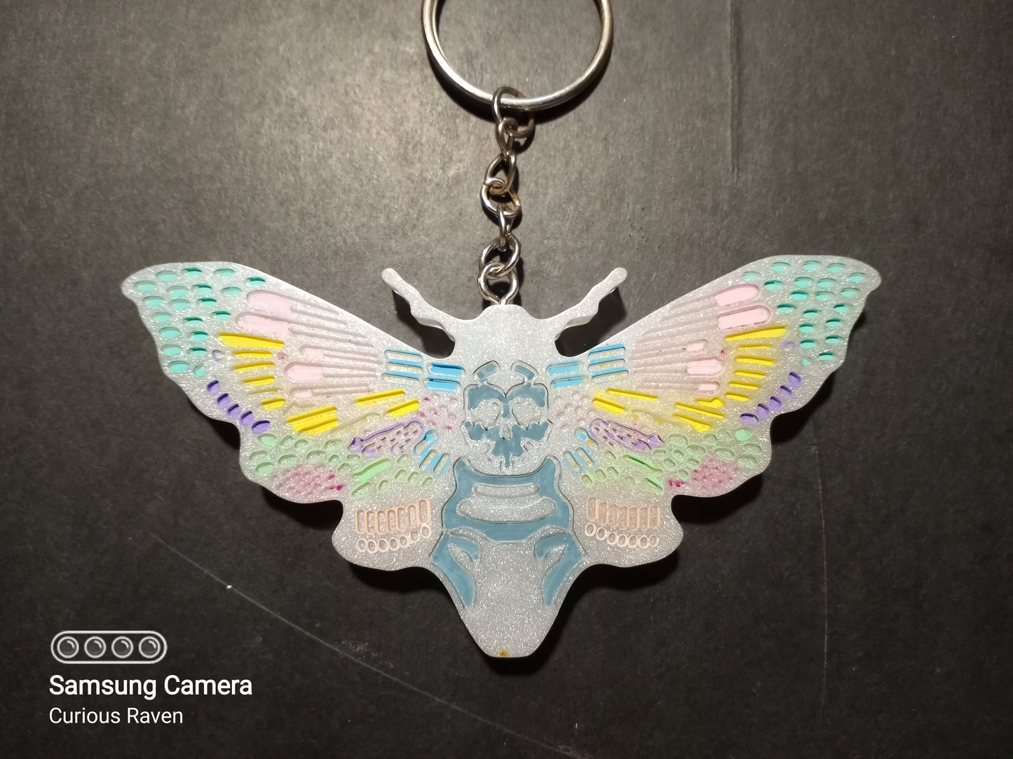 Pearl White Rainbow Deathshead Moth Keychain