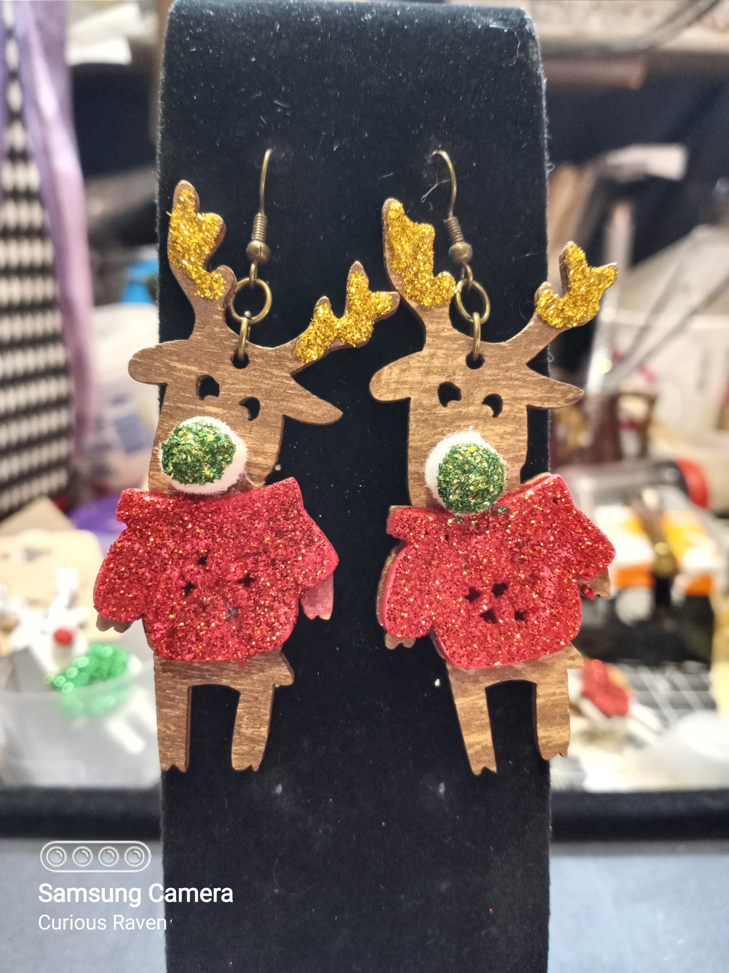 Green Nose Reindeer Earrings