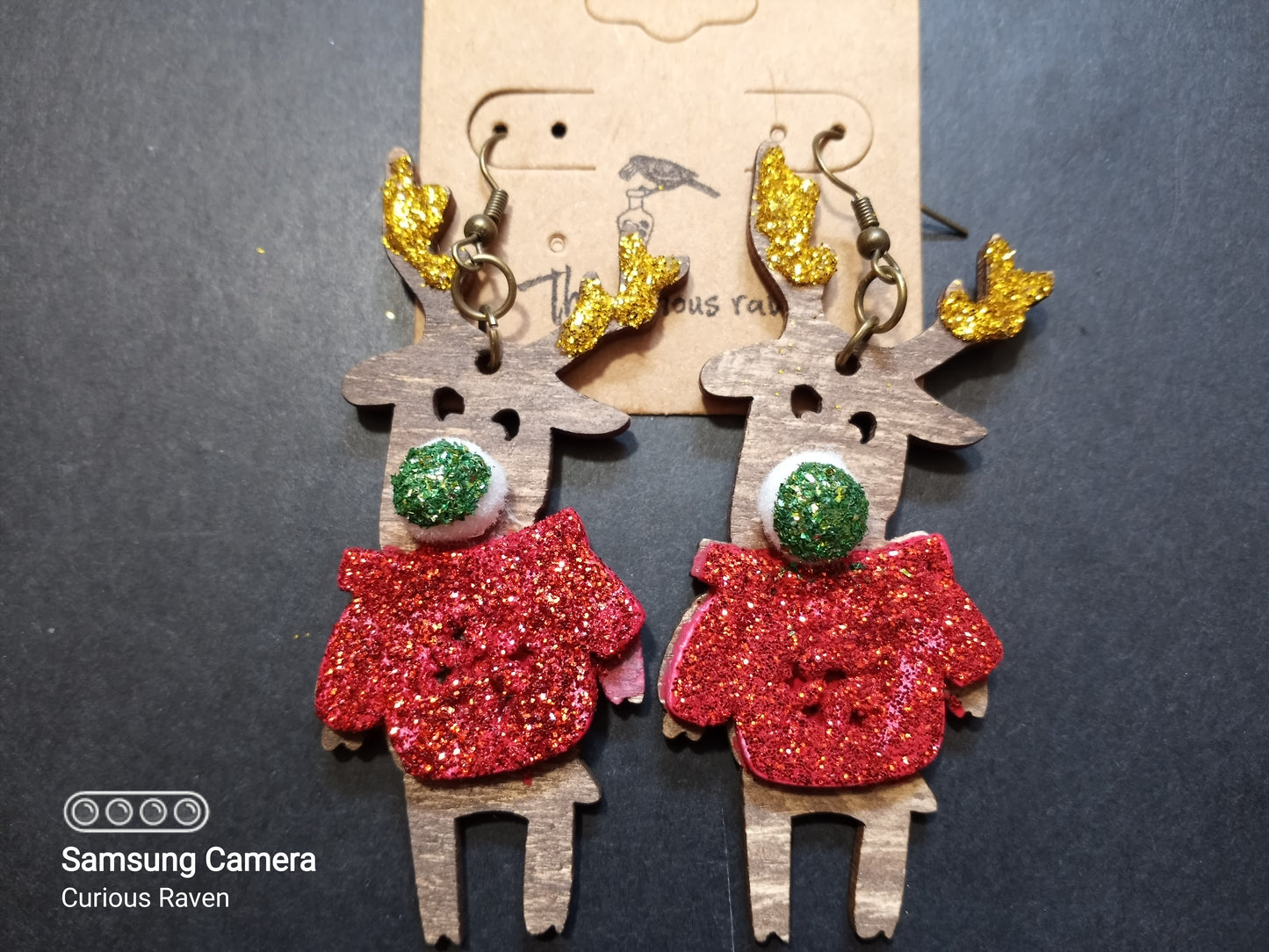 Green Nose Reindeer Earrings