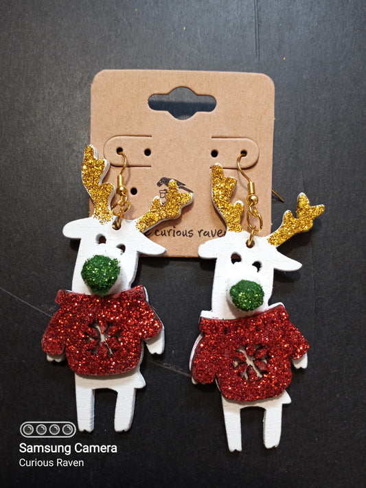 Green Nose Reindeer Earrings