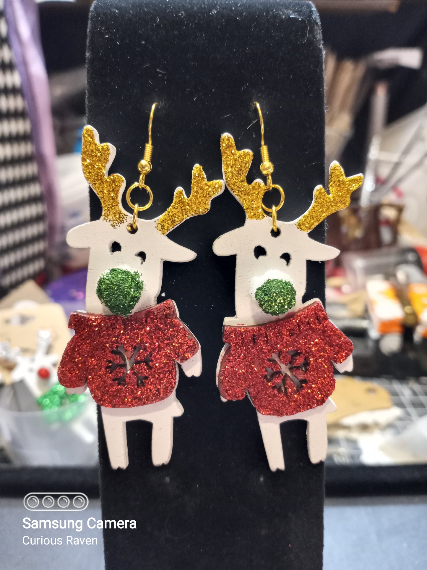 Green Nose Reindeer Earrings