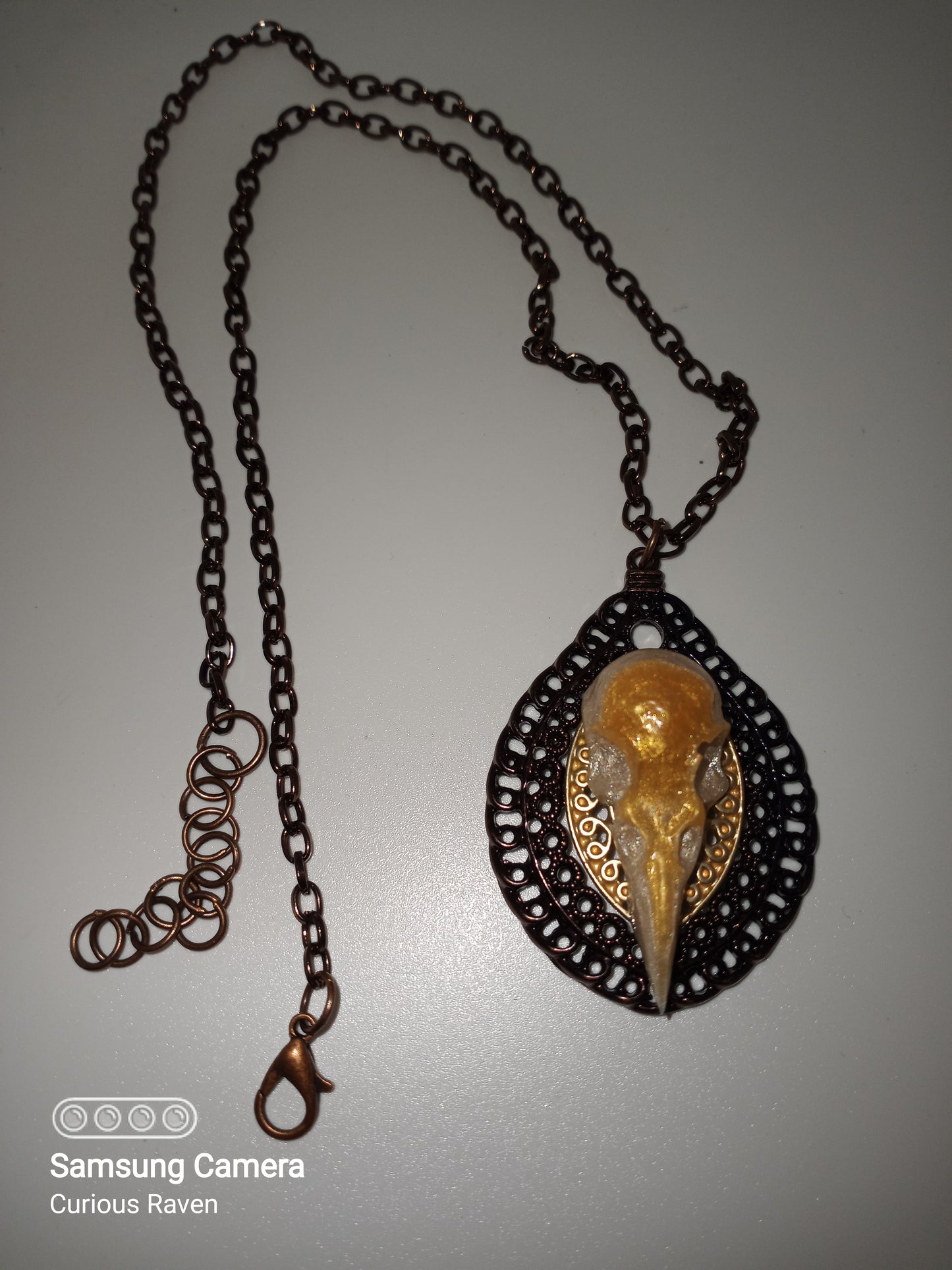 Vintage Look Raven Skull Pendant Necklace