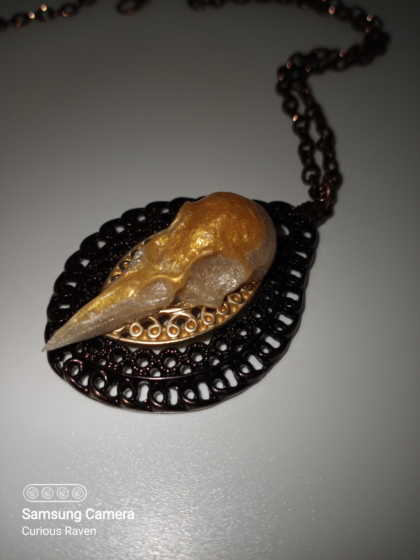 Vintage Look Raven Skull Pendant Necklace