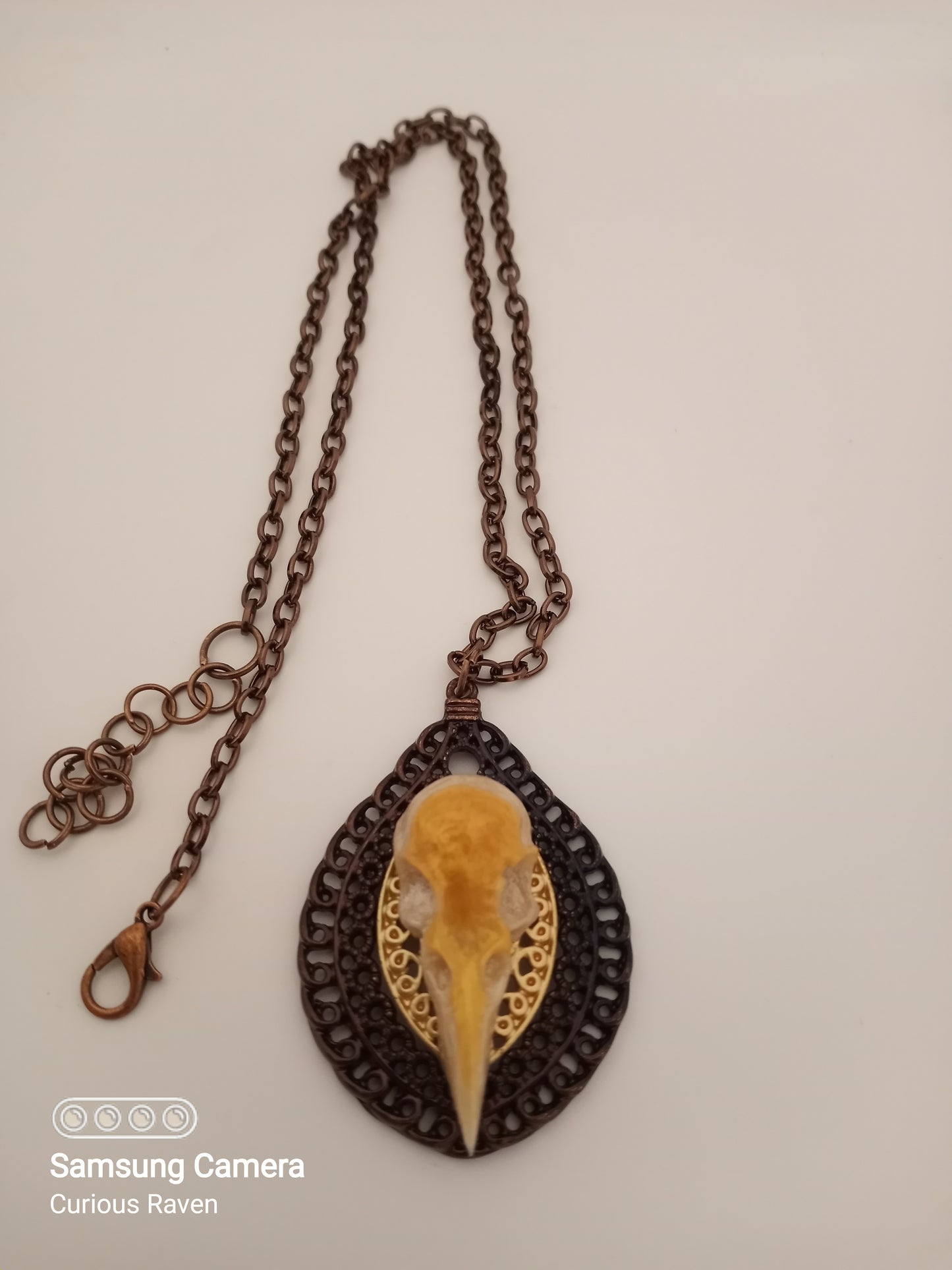 Vintage Look Raven Skull Pendant Necklace