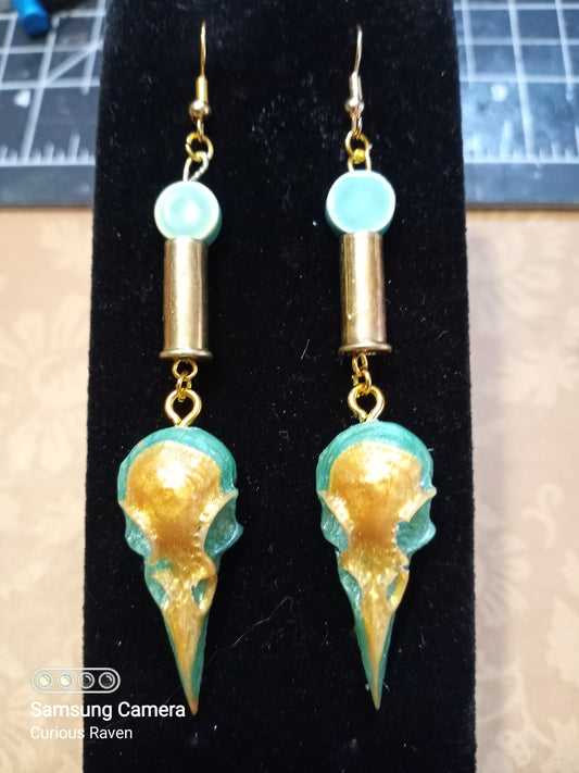 Jade and Gold Raven Skull Shell Casing Earrings