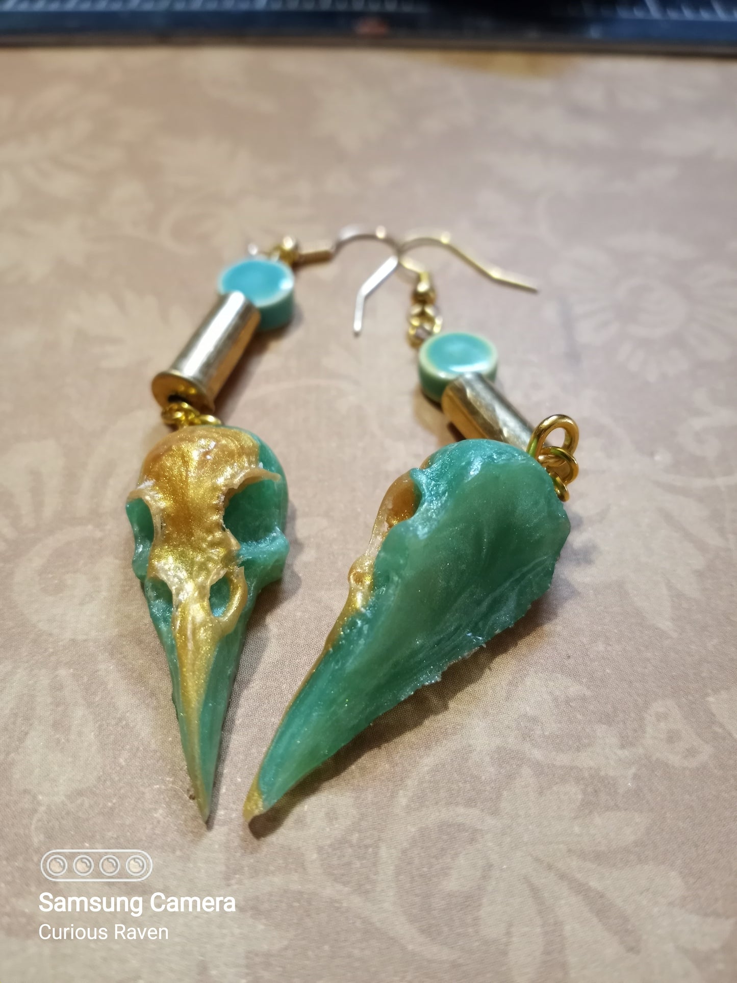 Jade and Gold Raven Skull Shell Casing Earrings