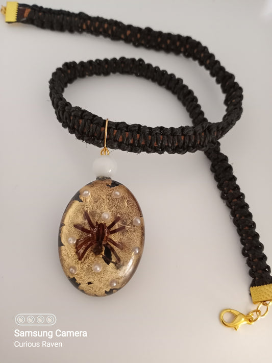 Spider and Pearls Resin Charm Hemp Necklace