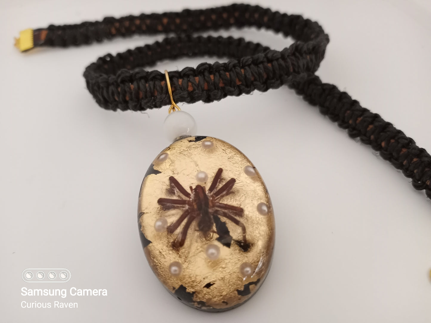 Spider and Pearls Resin Charm Hemp Necklace