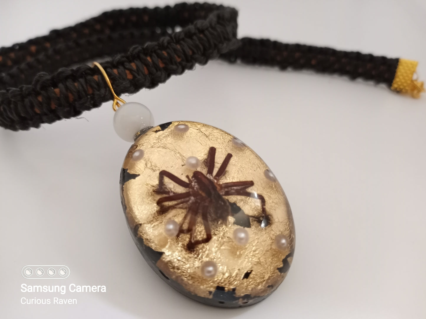 Spider and Pearls Resin Charm Hemp Necklace