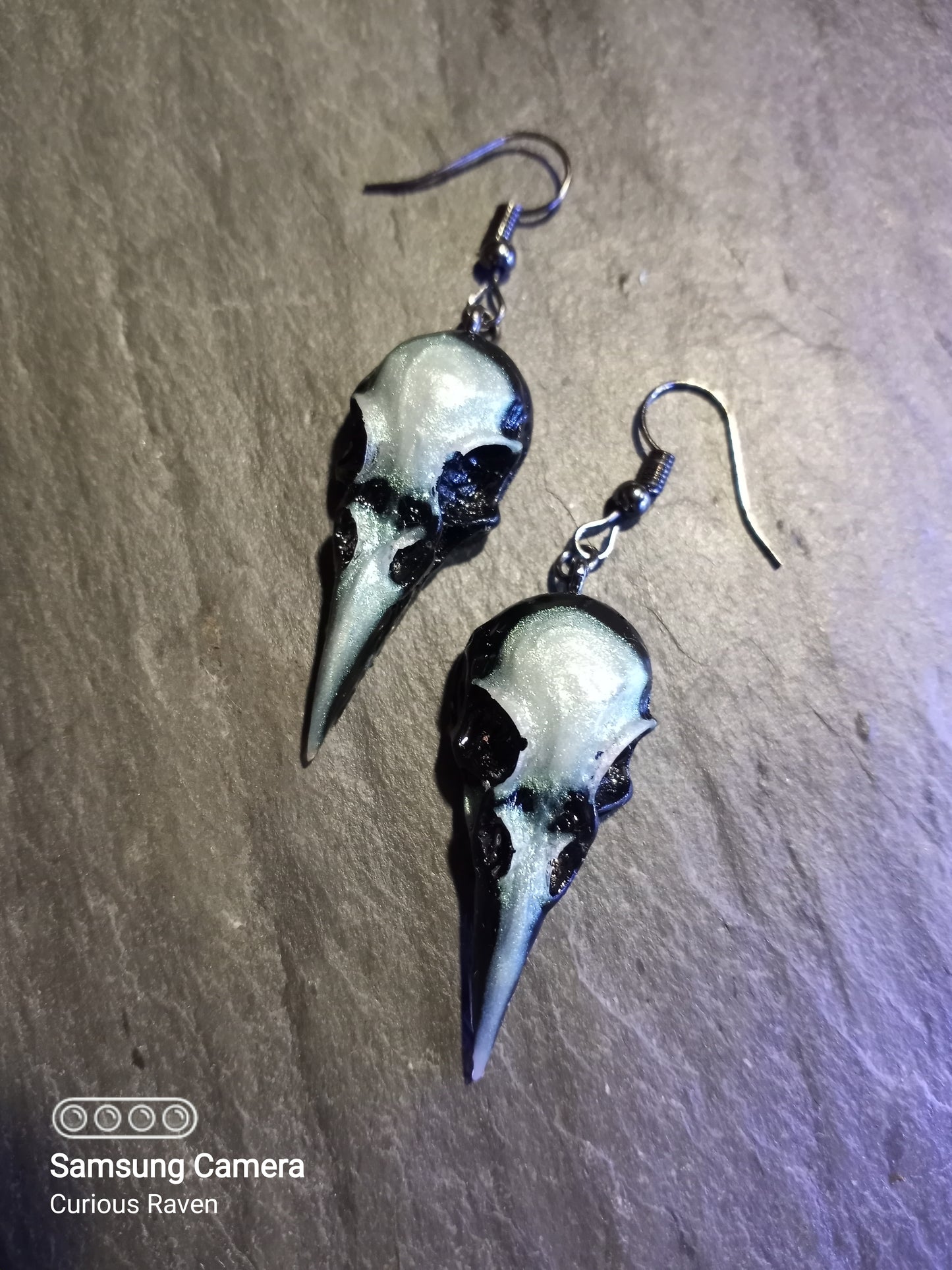 Black and Green Opal Raven Skull Earrings