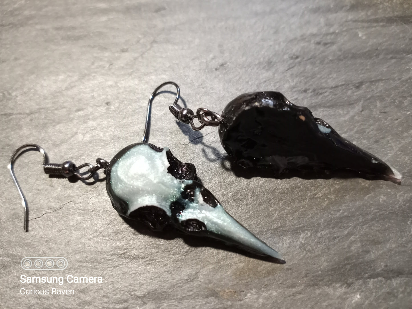 Black and Green Opal Raven Skull Earrings