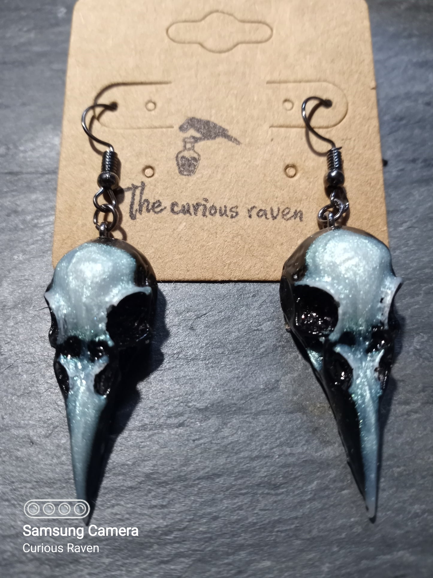 Black and Green Opal Raven Skull Earrings