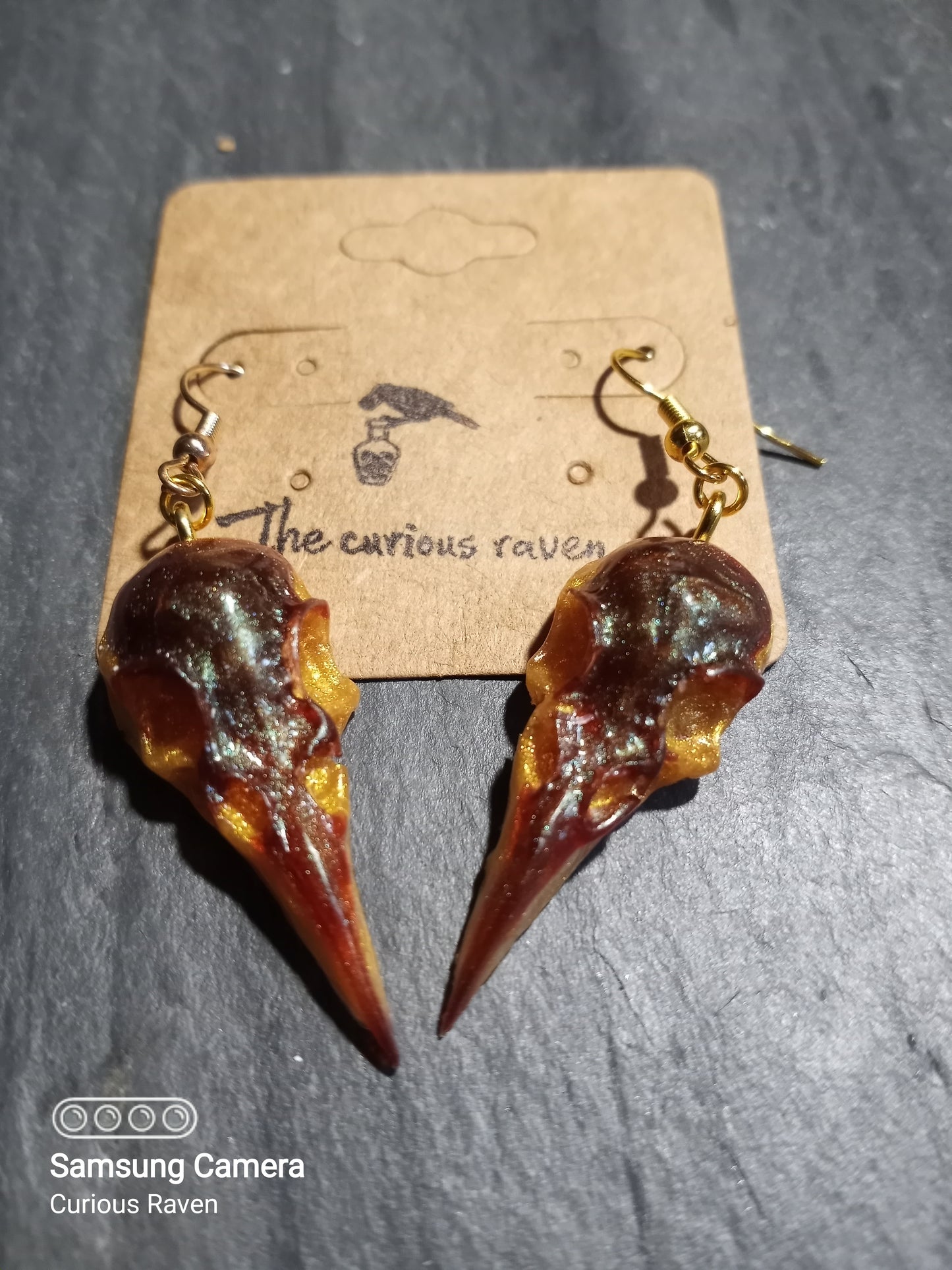 Coffee and Gold Raven Skull Earrings