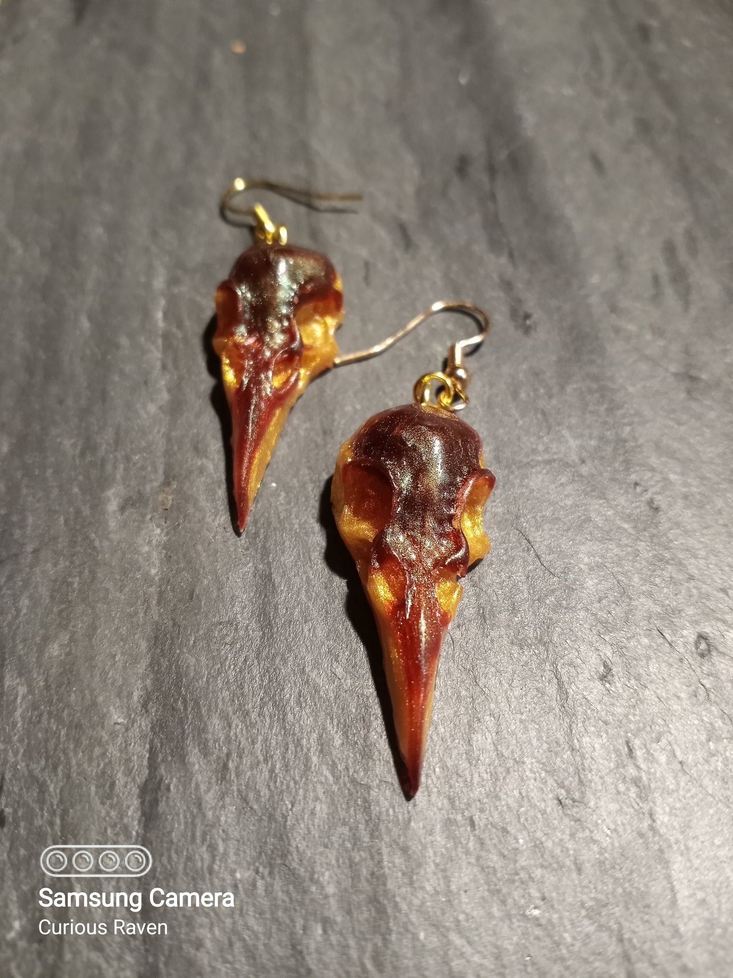 Coffee and Gold Raven Skull Earrings