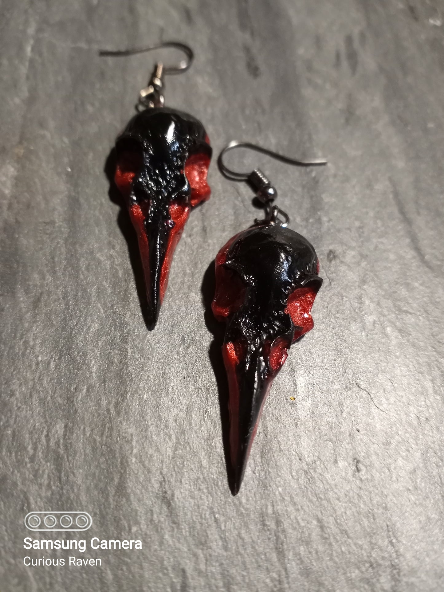 Black and Ruby Raven Skull Earrings