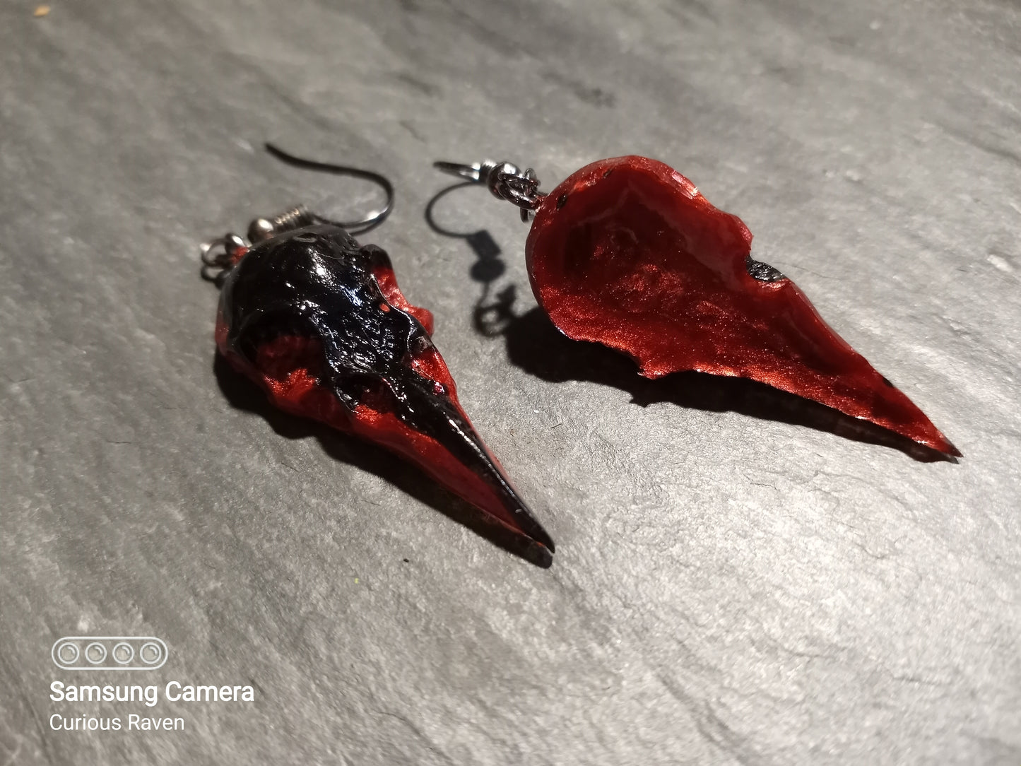 Black and Ruby Raven Skull Earrings