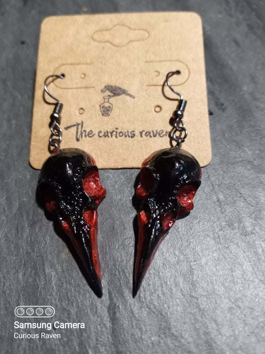 Black and Ruby Raven Skull Earrings