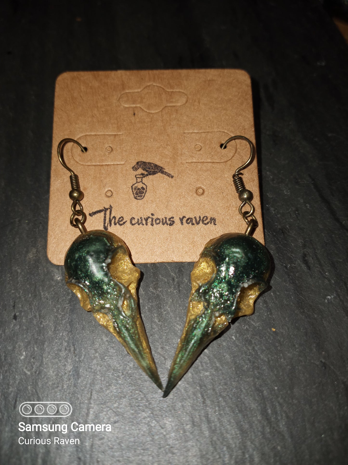 Hunter and Bronze Raven Skull Earrings