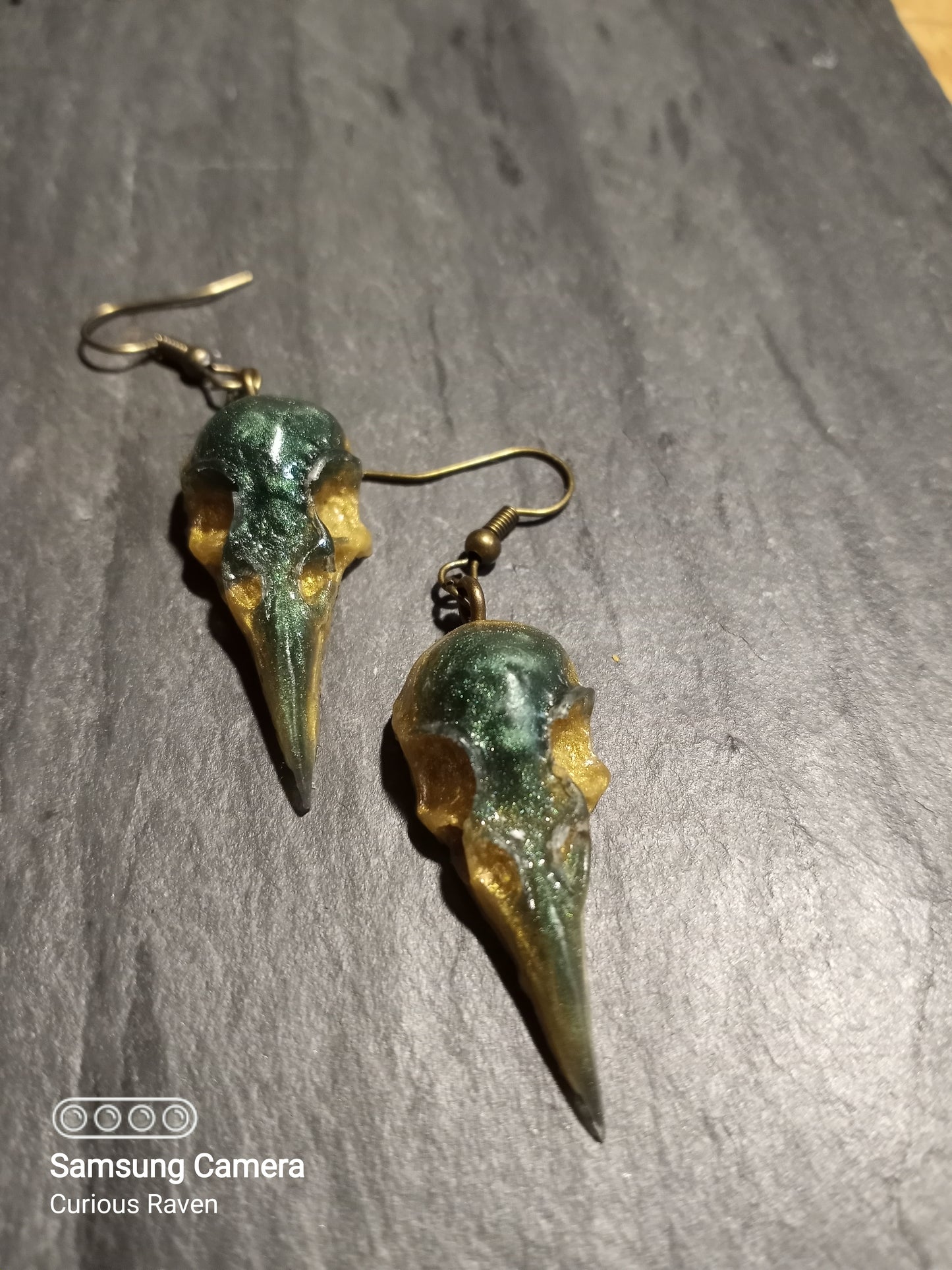 Hunter and Bronze Raven Skull Earrings