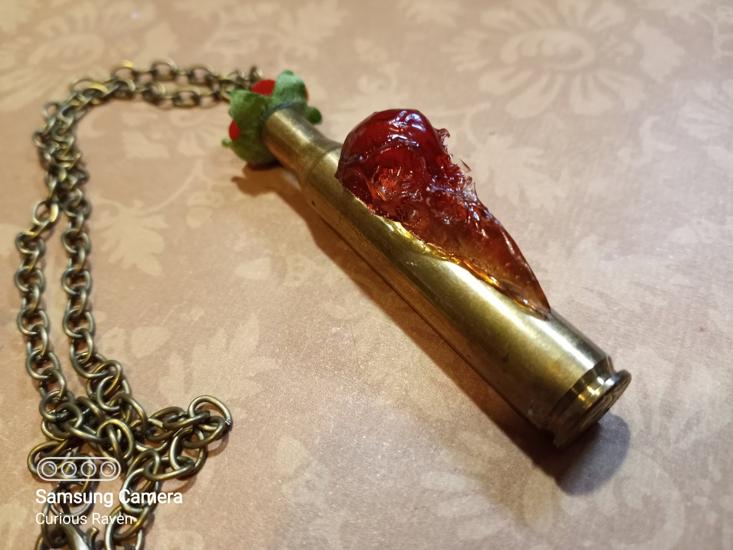 Amber Raven Skull with Rose Shell Casing Necklace