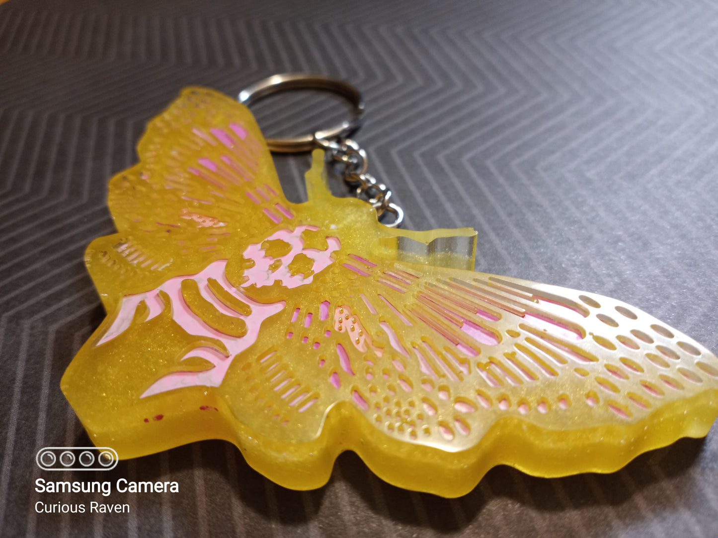 Pink and Yellow Death Head Moth Keychain