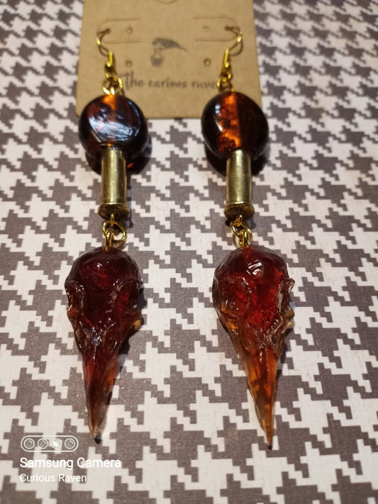 Amber Raven Skull Shell Casing Earrings