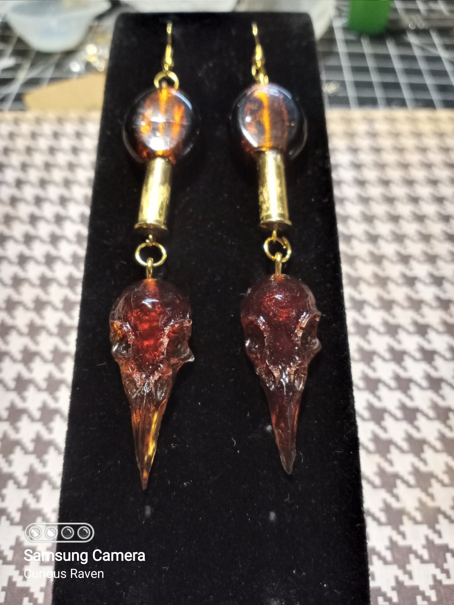 Amber Raven Skull Shell Casing Earrings